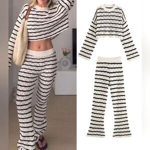 NWT ZARA SET 2 PIECE STRIPED CROCHET PANTS AND AND STRIPED TOP